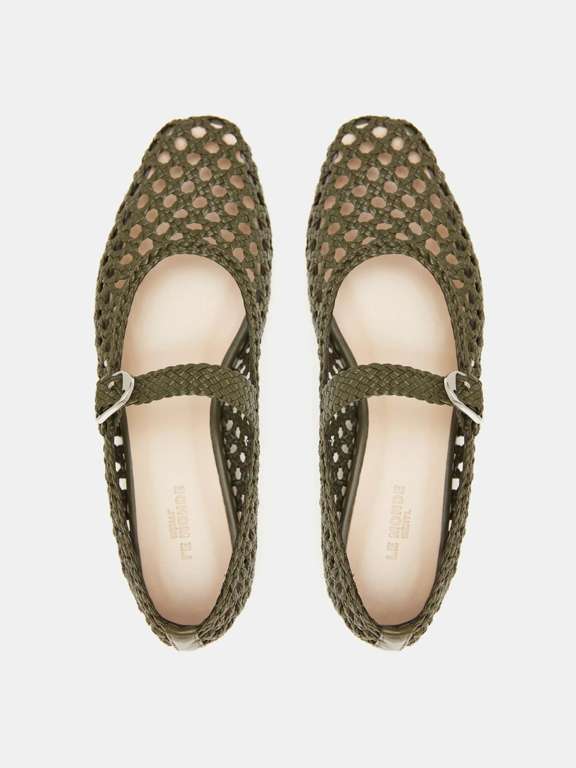 Green leather woven Mary Jane flats