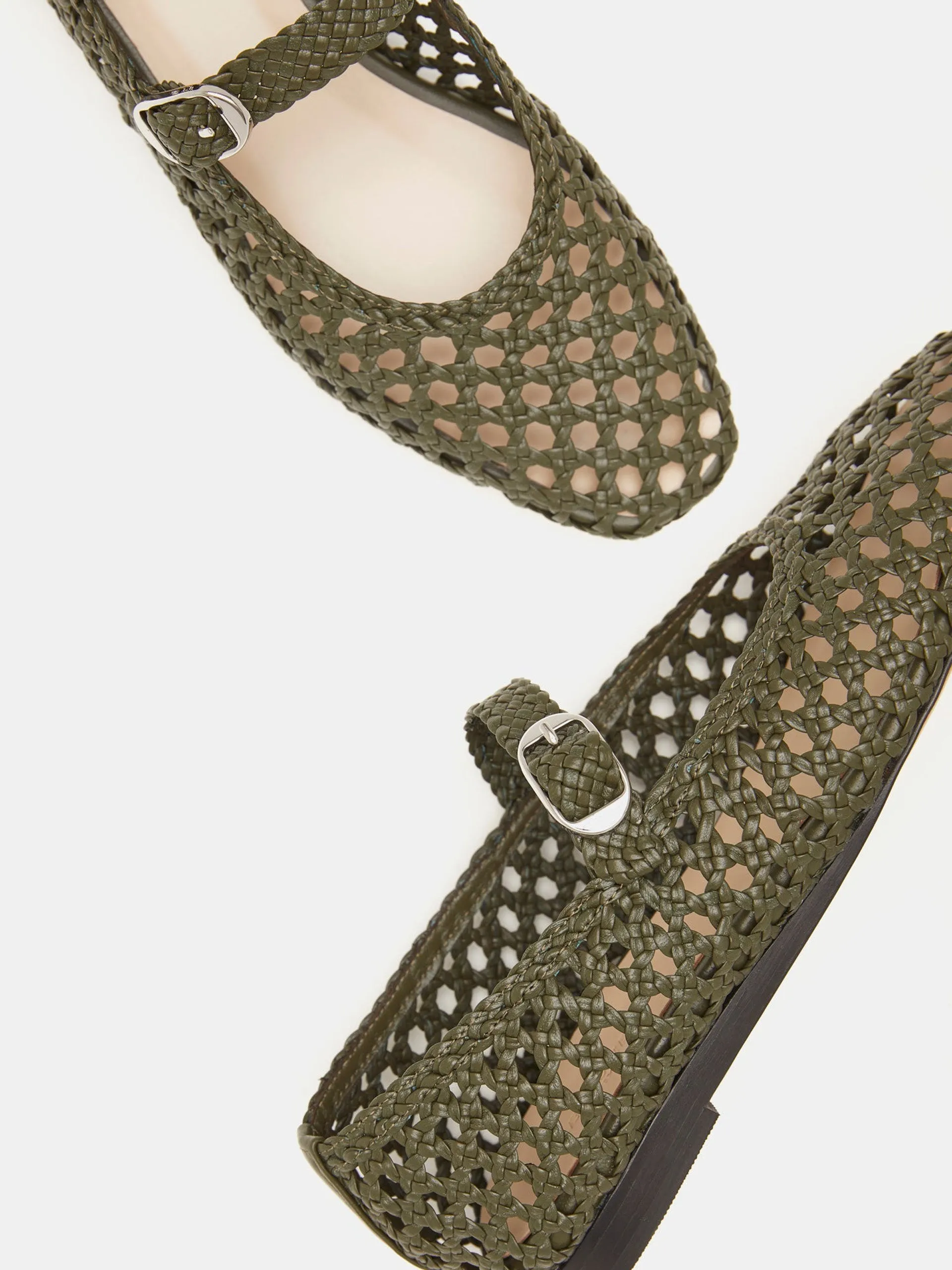 Green leather woven Mary Jane flats