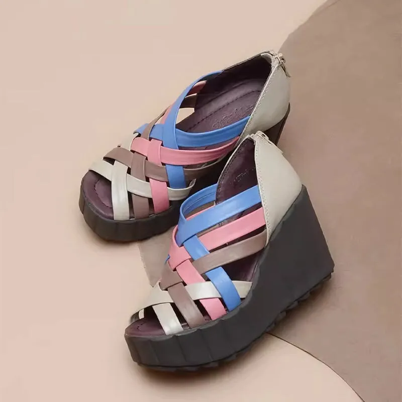 Handmade Leather Gladiator Sandals Peep Toe Back Zip 90mm Wedges Color Blocking