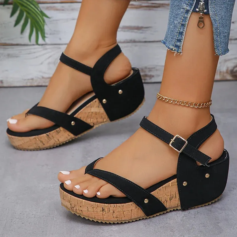 Hnzxzm Clip Toe Wedges Rome Sandals Women 2024 Summer Ankle Buckle Platform Sandalias Mujer Pu Leather Chunky Platform Gladiator Shoes