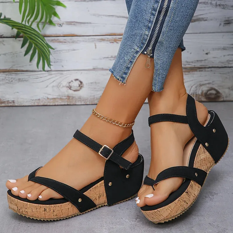 Hnzxzm Clip Toe Wedges Rome Sandals Women 2024 Summer Ankle Buckle Platform Sandalias Mujer Pu Leather Chunky Platform Gladiator Shoes