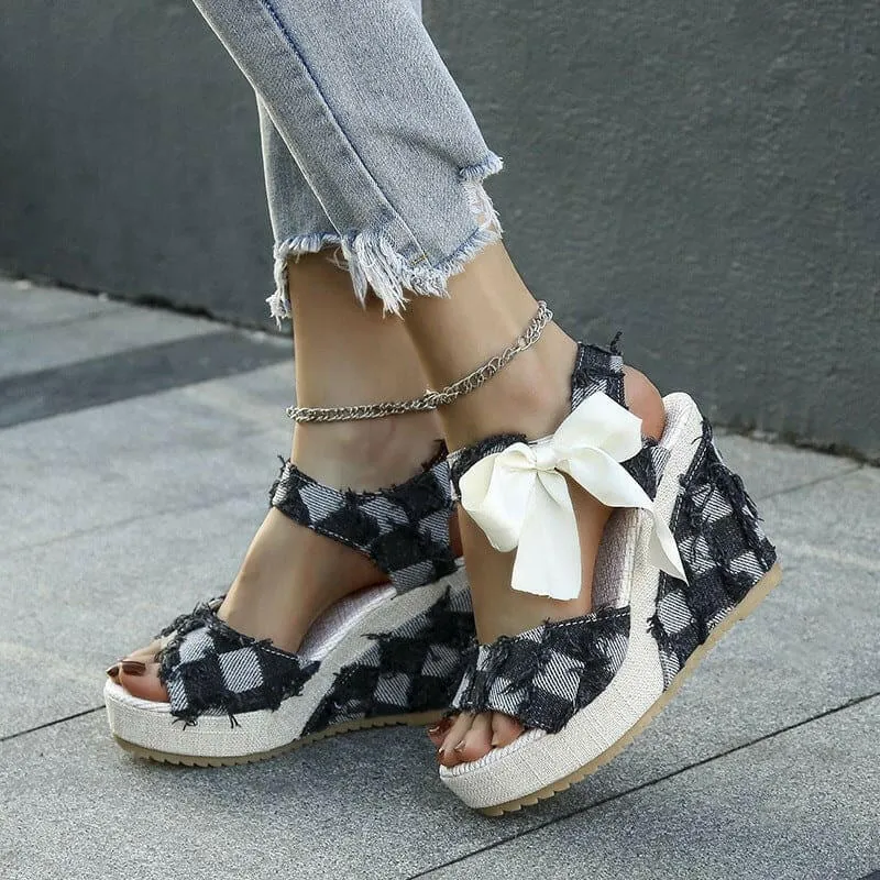 Ladies Wedge Peep Toe Bow Lace-up Denim Platform Sandals