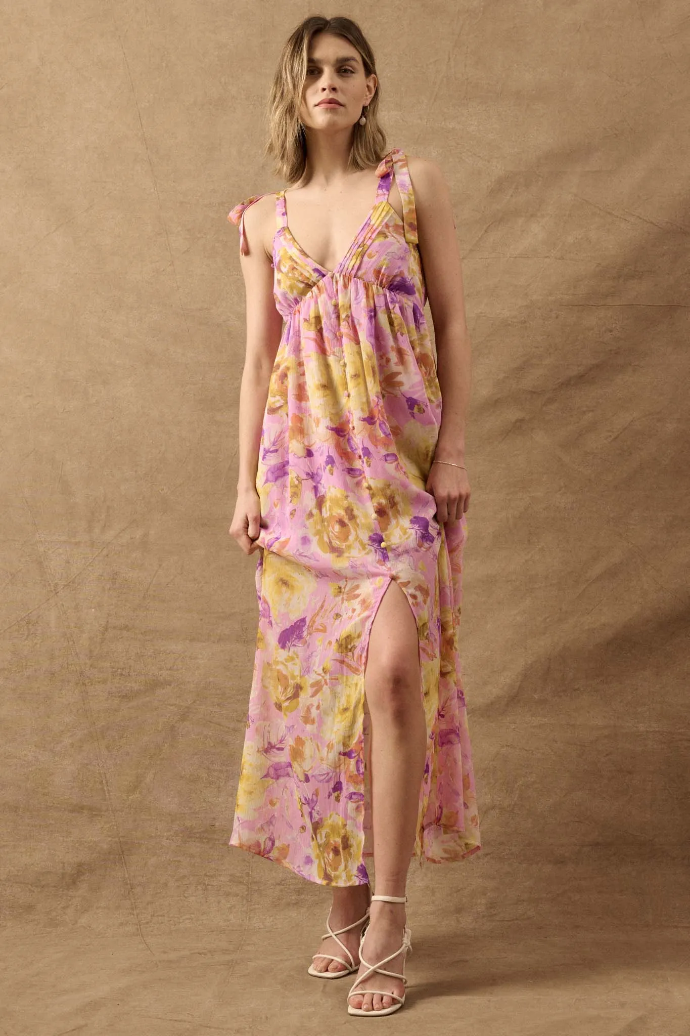 Lilac Wine Floral Chiffon Button-Front Maxi Sundress