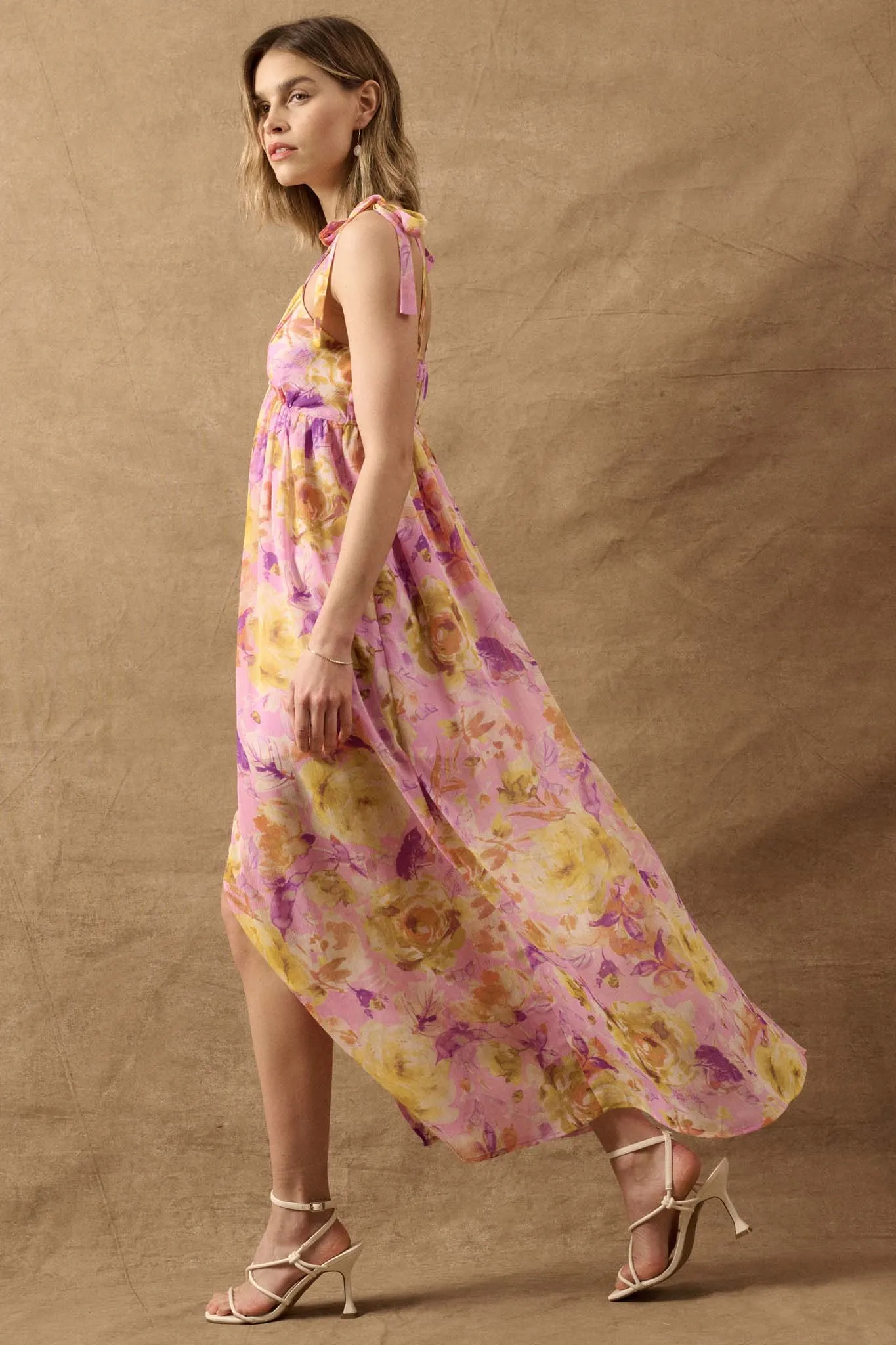 Lilac Wine Floral Chiffon Button-Front Maxi Sundress