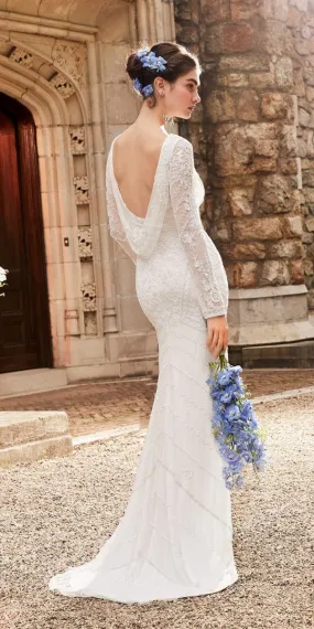 Long Sleeve Beaded Cowl Back Dress with Train