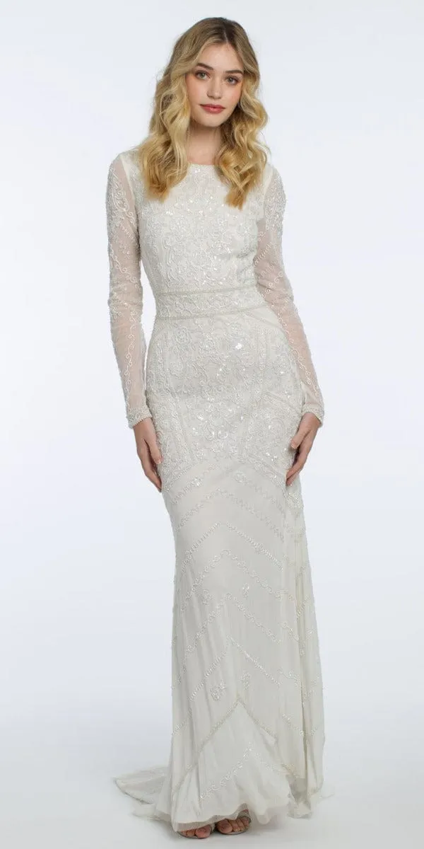 Long Sleeve Beaded Cowl Back Dress with Train