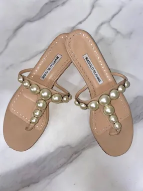 Manolo Blahnik Leather Beaded Accents Flip-Flop, Size 6.5