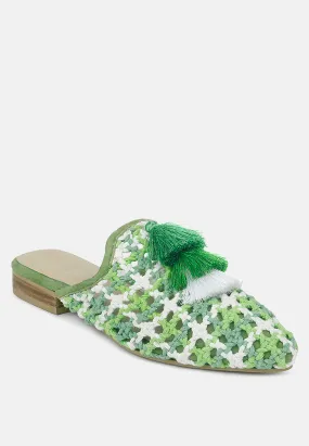 MARIANA Green Woven Flat Mules With Tassels