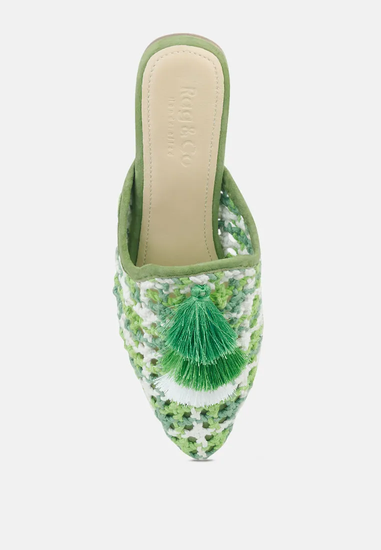 MARIANA Green Woven Flat Mules With Tassels