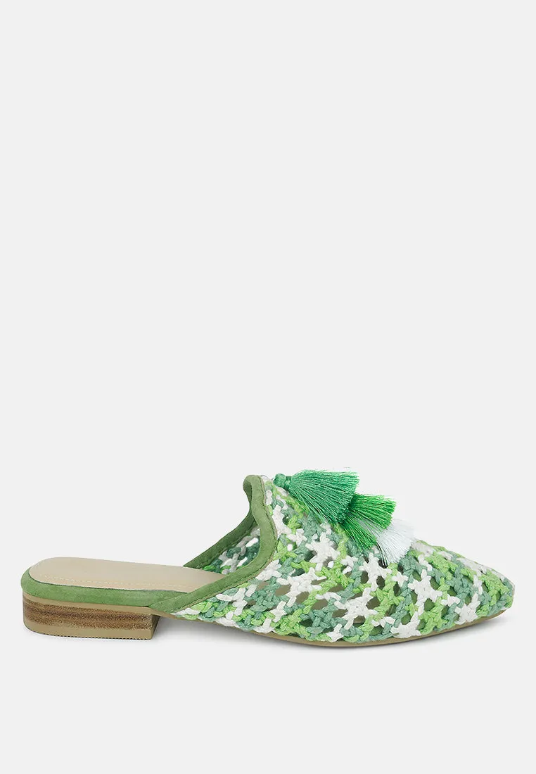 MARIANA Green Woven Flat Mules With Tassels