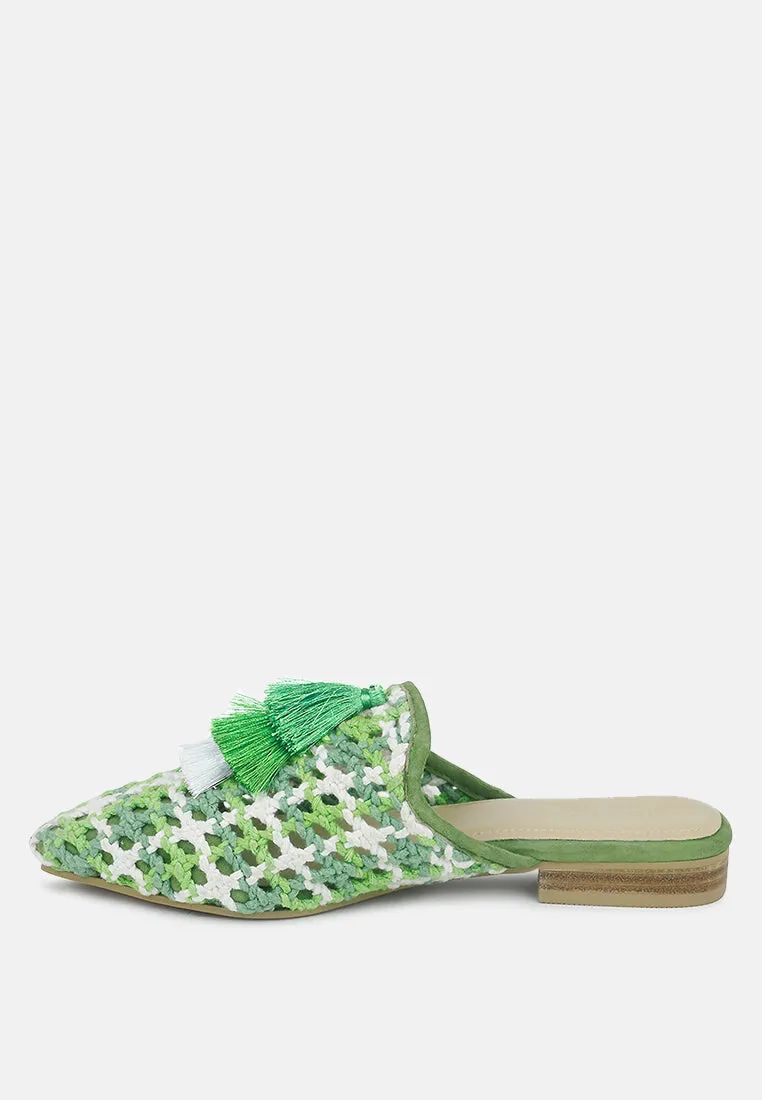 MARIANA Green Woven Flat Mules With Tassels