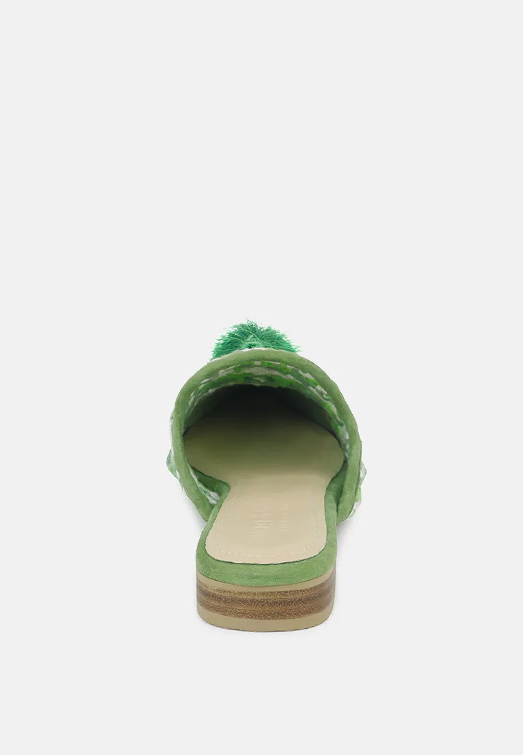 MARIANA Green Woven Flat Mules With Tassels