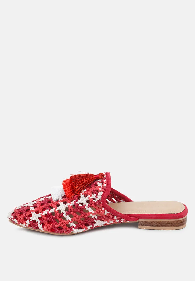 MARIANA Red Woven Flat Mules With Tassels