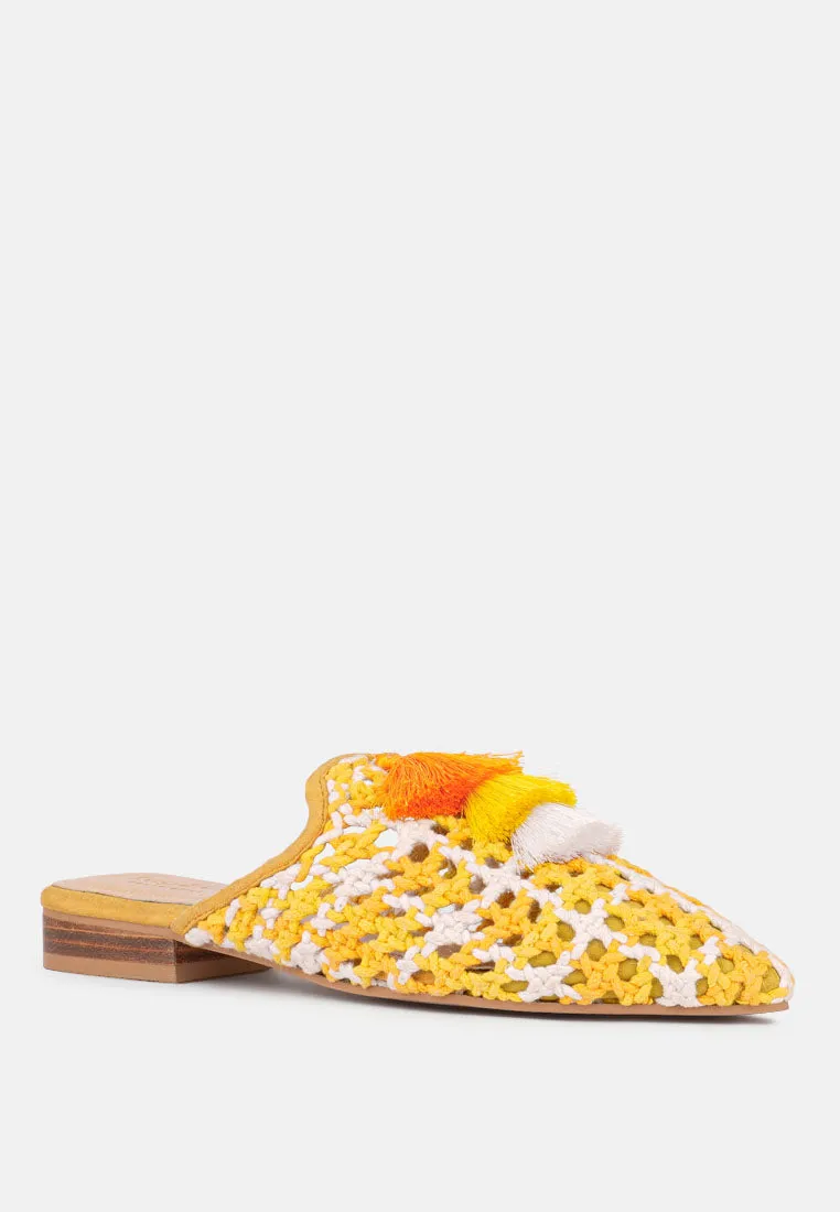 MARIANA Yellow Woven Flat Mules With Tassels