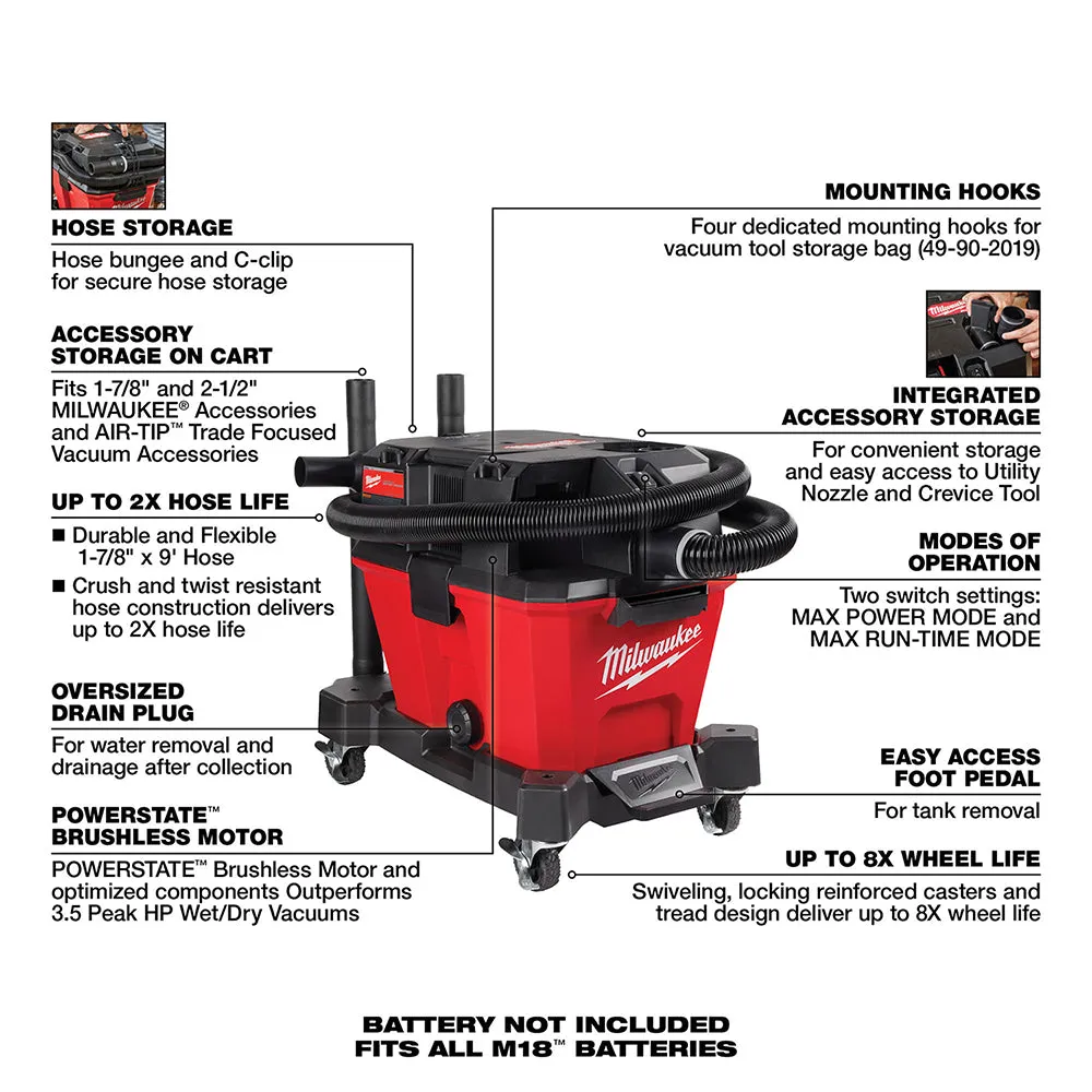 Milwaukee 0910-20 M18 FUEL 6 Gallon Wet/Dry Vacuum - Bare Tool