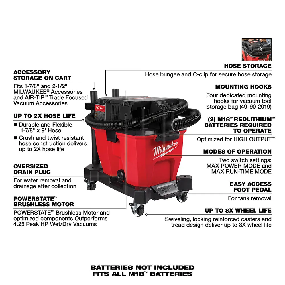 Milwaukee 0920-20 M18 FUEL 9 Gallon Dual-Battery Wet/Dry Vacuum - Bare Tool