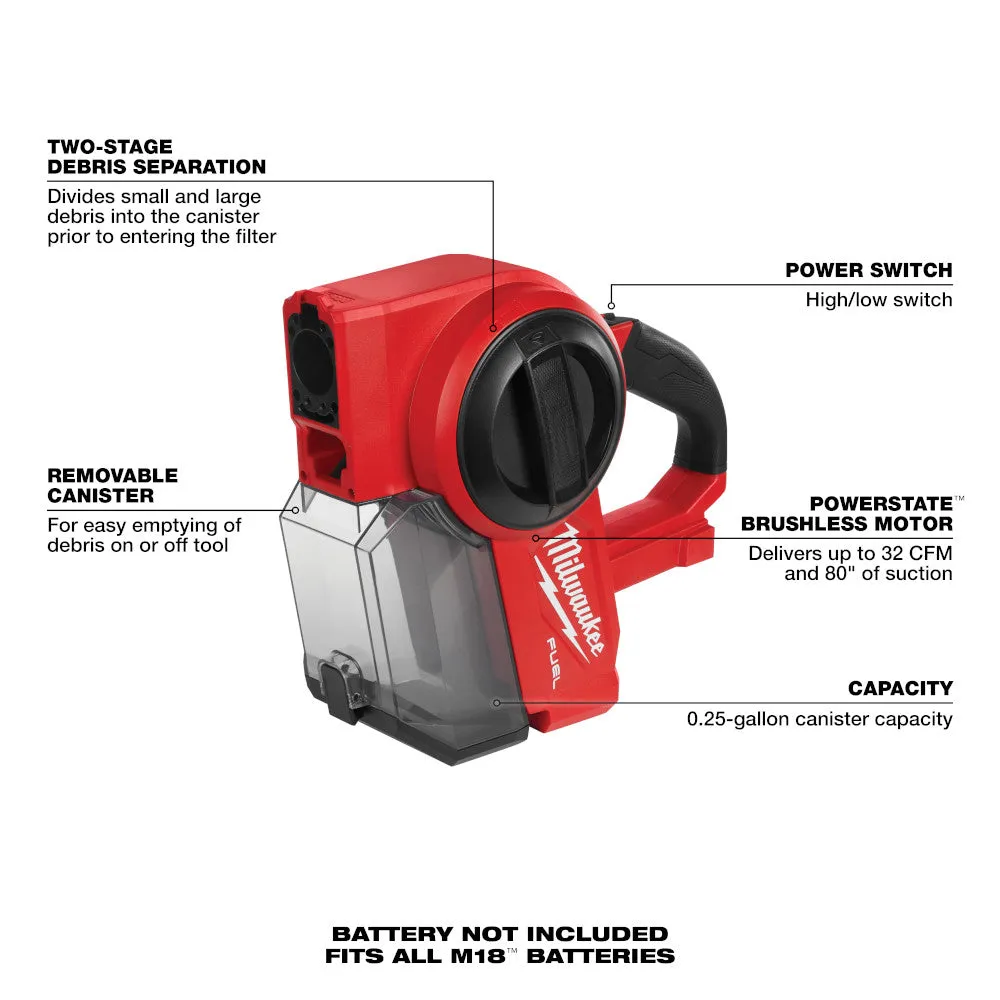 Milwaukee 0940-20 M18 FUEL Cordless Lithium-Ion Brushless Compact Vacuum