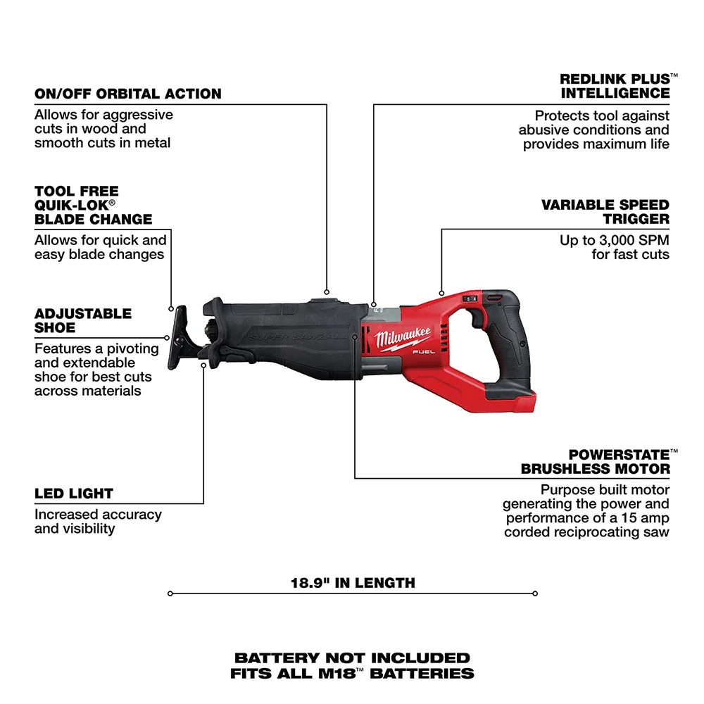 Milwaukee 2722-20 M18 FUEL 18V 1-1/4-Inch Reciprocating Saw - Bare Tool