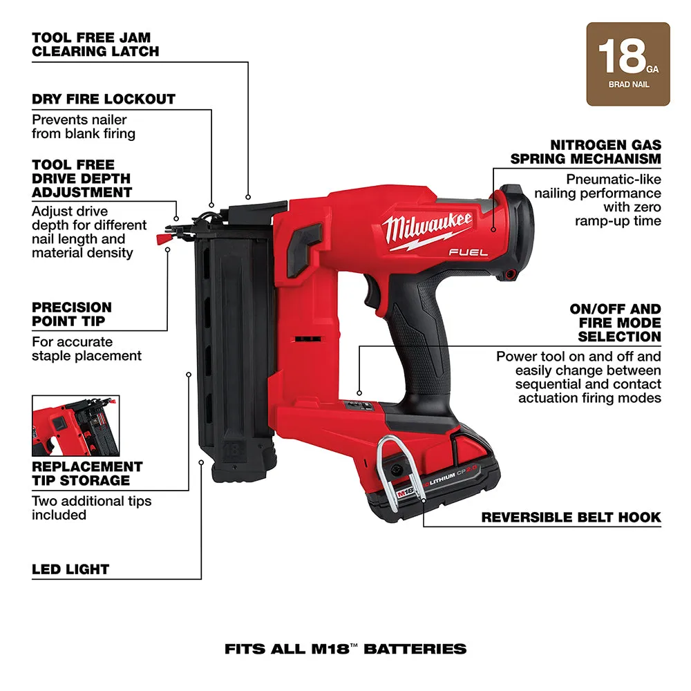 Milwaukee 2746-21Ct M18 FUEL 18V 18 Gauge Brad Nailer Kit