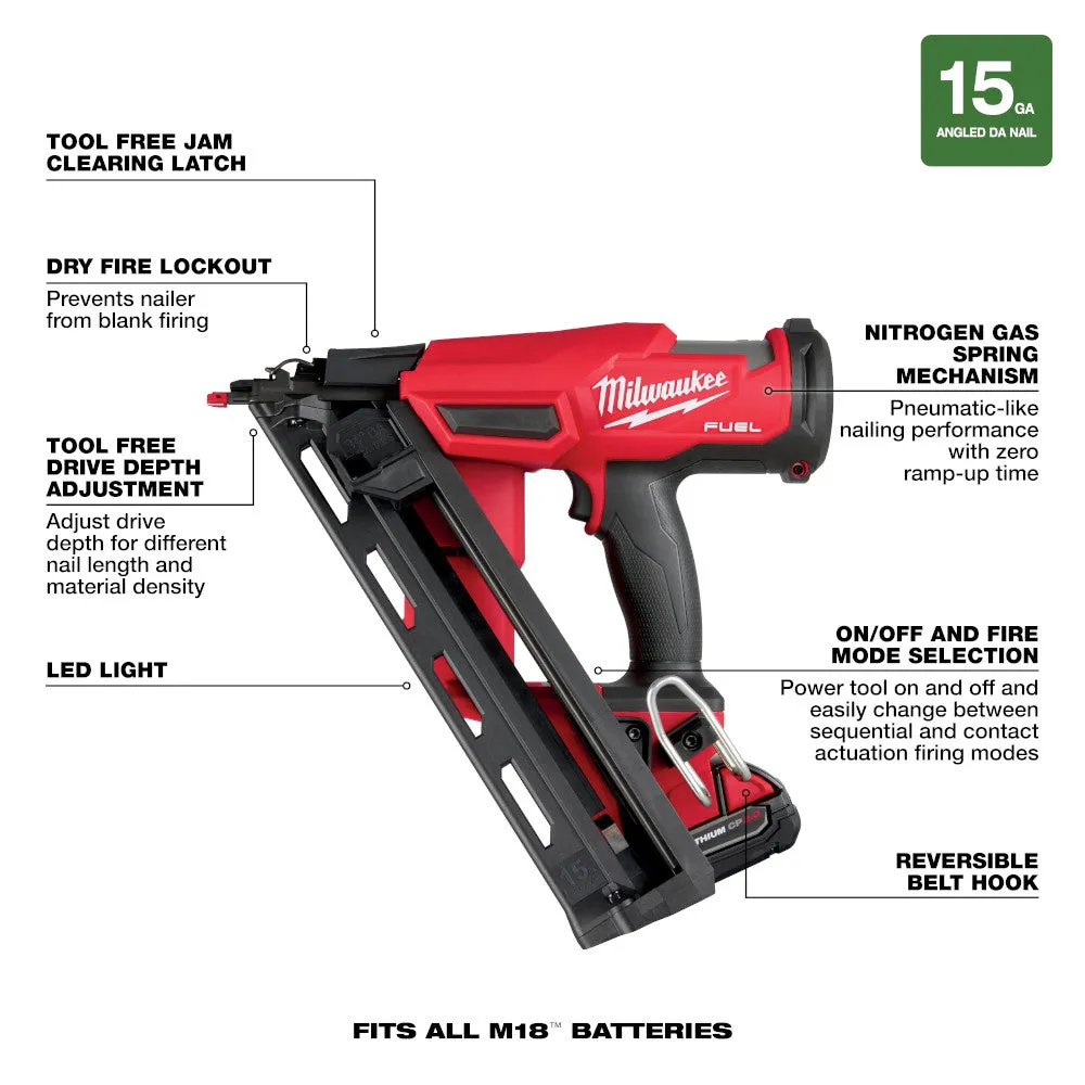 Milwaukee 2839-21HO M18 FUEL 18V 15GA Angled Finish Nailer HIGH OUTPUT Kit