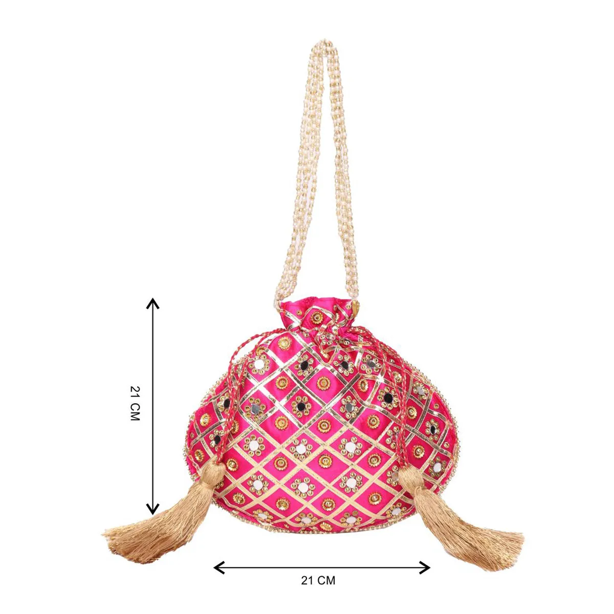 Mirror ,Gota Patti Embroidered Pink Color Potli Bag With Beads Layered Handle