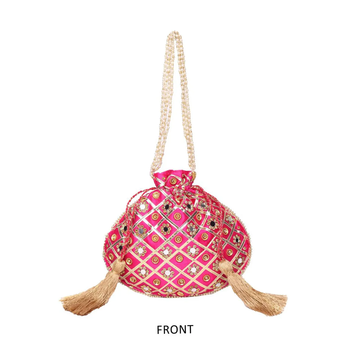 Mirror ,Gota Patti Embroidered Pink Color Potli Bag With Beads Layered Handle