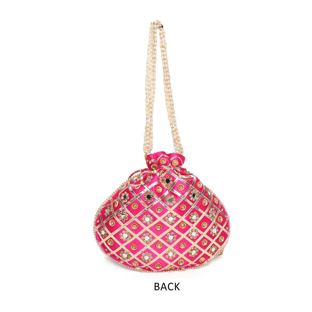 Mirror ,Gota Patti Embroidered Pink Color Potli Bag With Beads Layered Handle