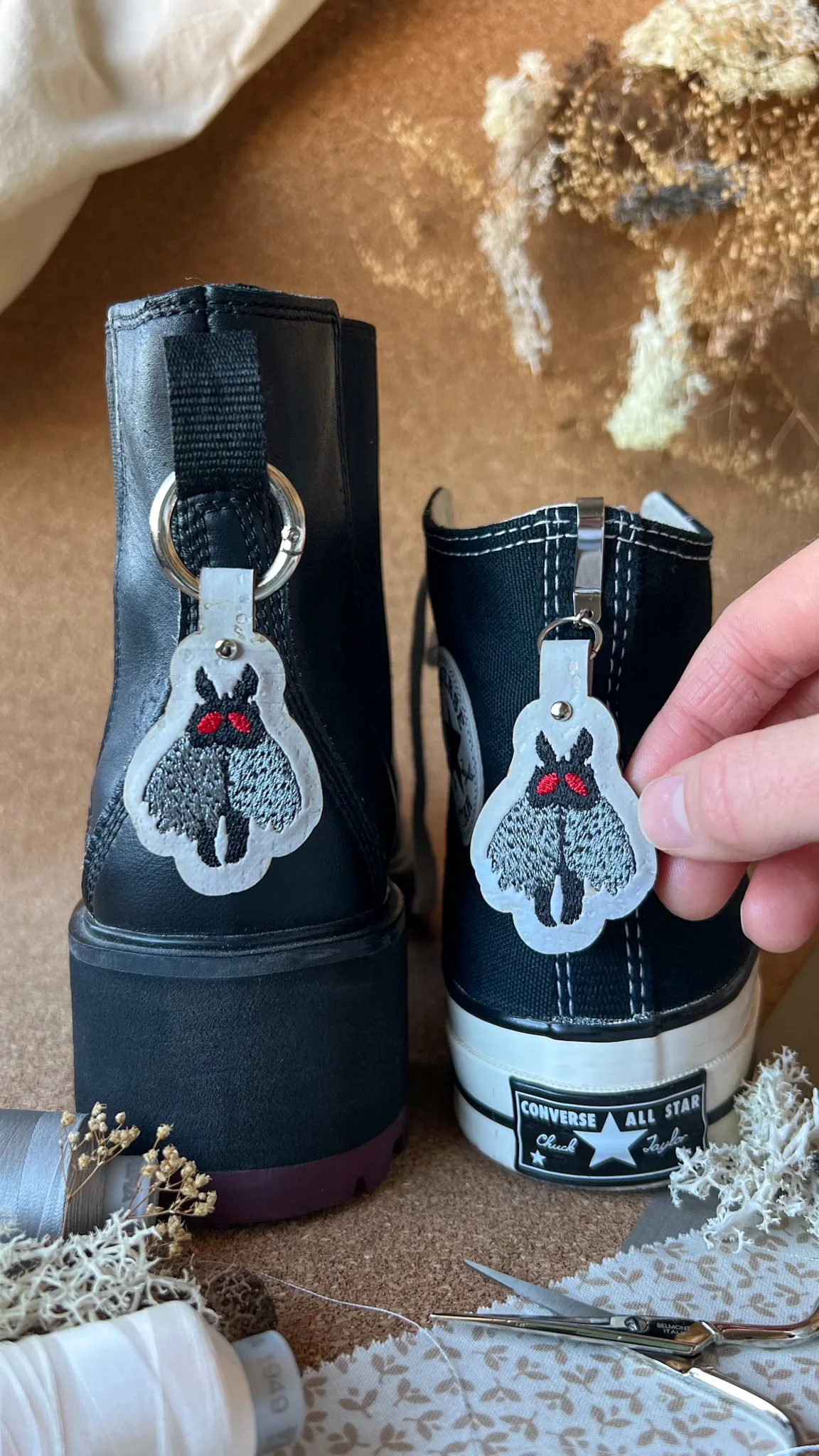 Mothman Cryptid Creature Shoe Accessory | Embroidered Pull Loop Boot Charm, Shoe Charm, High Top Sneaker Clip or Boot Clip