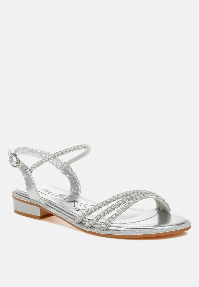 Nobbity Rhinestone Pearl Detail Flat Sandals