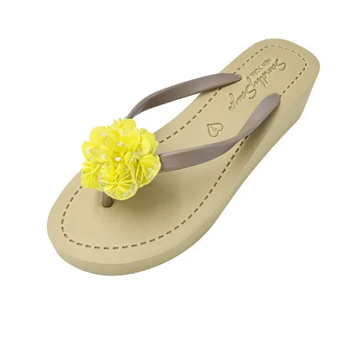 Noho Yellow Flower - Sequence Embroidered Mid Wedge Flip Flops