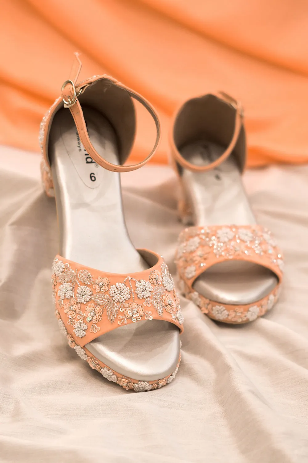 Orange Poly Silk & Rexine Embroidered Heeled Sandals