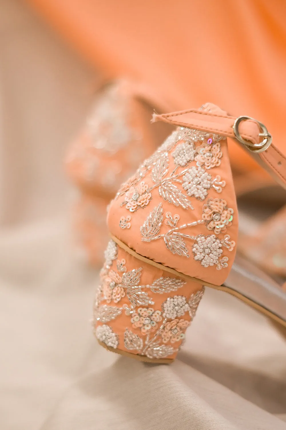 Orange Poly Silk & Rexine Embroidered Heeled Sandals