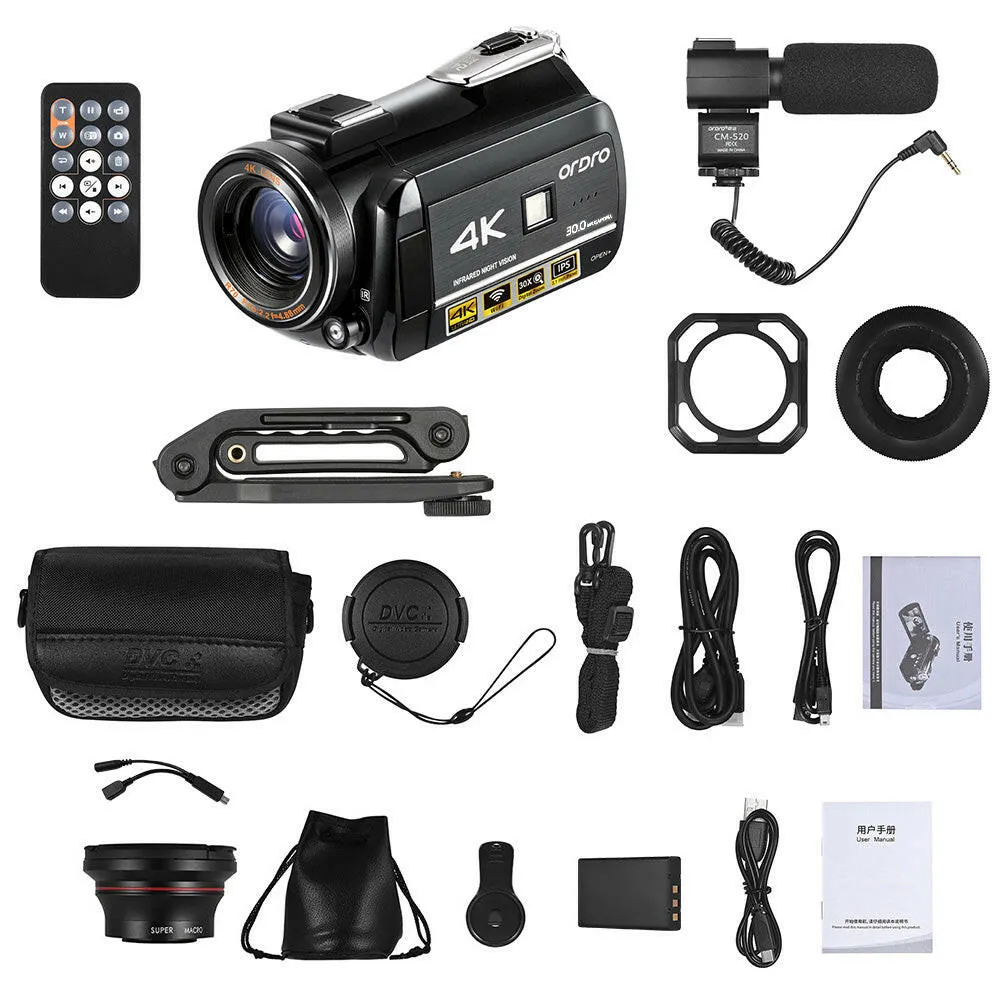 ORDRO AC3 4K WiFi Digital Video Camera Camcorder DV Recorder 30MP 30X Zoom IR Night Vision 3.0 Inch IPS LCD Touchscreen with 2pcs Rechargeable Batteries   Extra 0.39X Wide Angle Lens   External Microphone   Lens Hood   Camera Holder