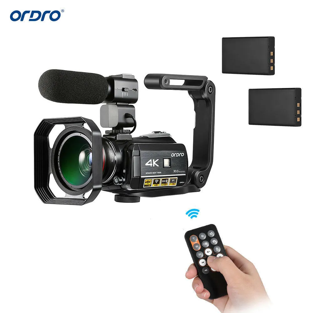 ORDRO AC3 4K WiFi Digital Video Camera Camcorder DV Recorder 30MP 30X Zoom IR Night Vision 3.0 Inch IPS LCD Touchscreen with 2pcs Rechargeable Batteries   Extra 0.39X Wide Angle Lens   External Microphone   Lens Hood   Camera Holder