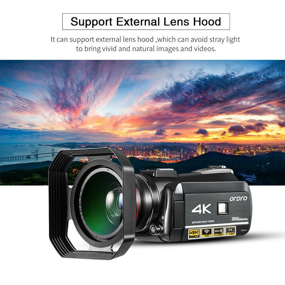 ORDRO AC3 4K WiFi Digital Video Camera Camcorder DV Recorder 30MP 30X Zoom IR Night Vision 3.0 Inch IPS LCD Touchscreen with 2pcs Rechargeable Batteries   Extra 0.39X Wide Angle Lens   External Microphone   Lens Hood   Camera Holder