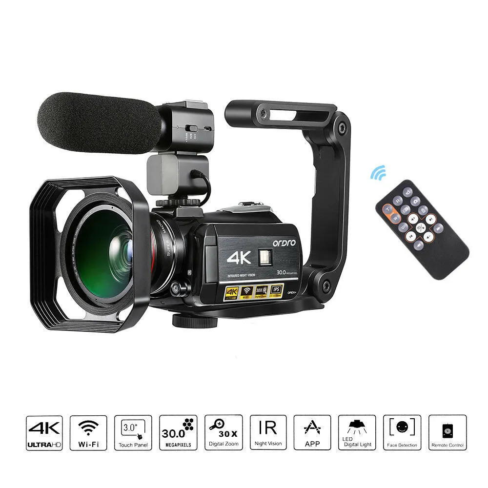 ORDRO AC3 4K WiFi Digital Video Camera Camcorder DV Recorder 30MP 30X Zoom IR Night Vision 3.0 Inch IPS LCD Touchscreen with 2pcs Rechargeable Batteries   Extra 0.39X Wide Angle Lens   External Microphone   Lens Hood   Camera Holder