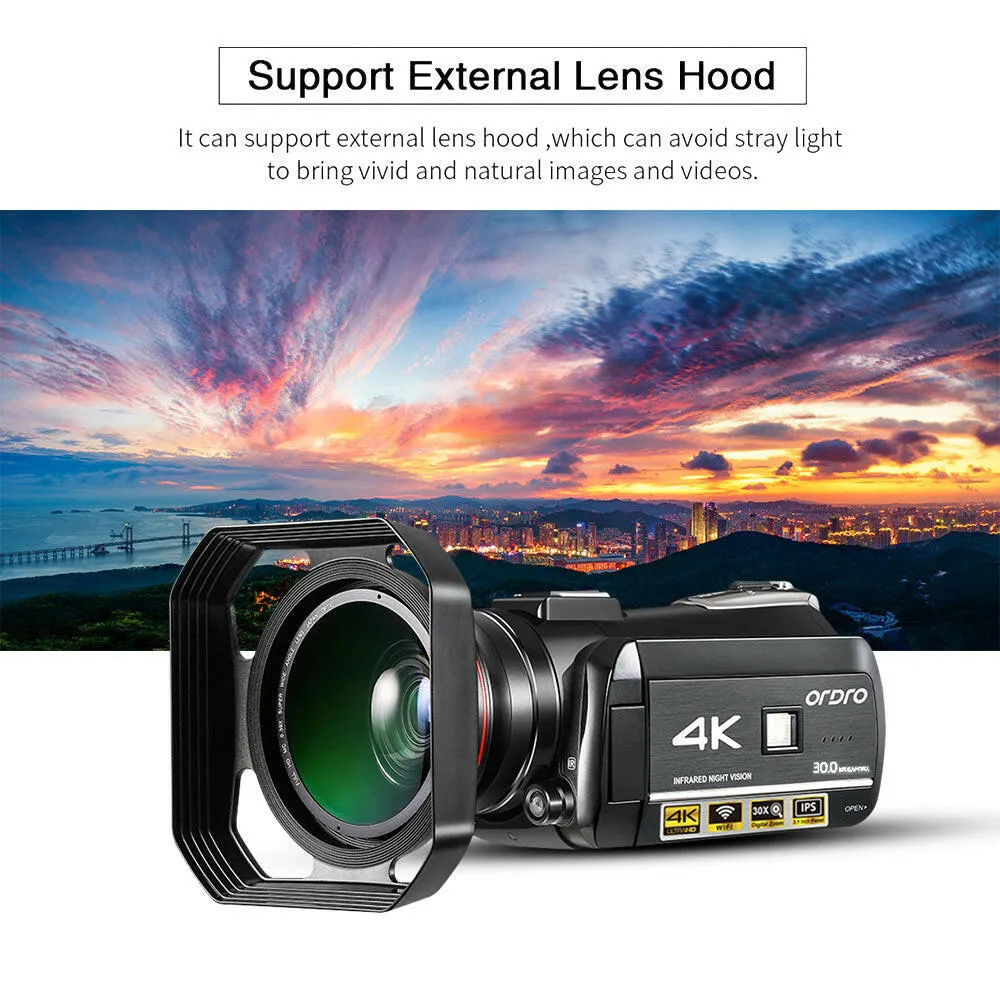 ORDRO AC3 4K WiFi Digital Video Camera Camcorder DV Recorder 30MP 30X Zoom IR Night Vision 3.0Inch IPS LCD Touchscreen with 2pcs Rechargeable Batteries   Extra 0.39X Wide Angle Lens   External Microphone   Lens Hood