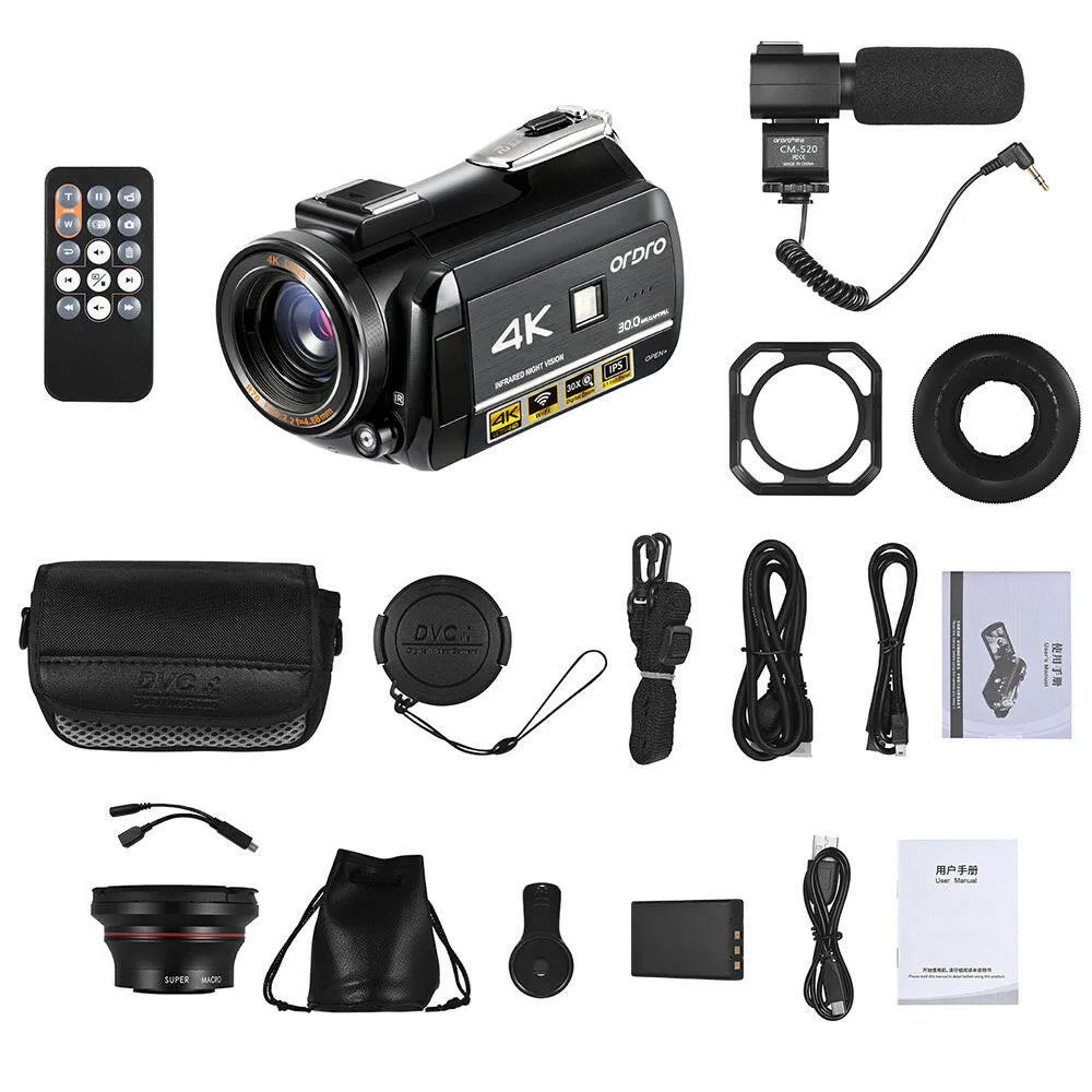 ORDRO AC3 4K WiFi Digital Video Camera Camcorder DV Recorder 30MP 30X Zoom IR Night Vision 3.0Inch IPS LCD Touchscreen with 2pcs Rechargeable Batteries   Extra 0.39X Wide Angle Lens   External Microphone   Lens Hood