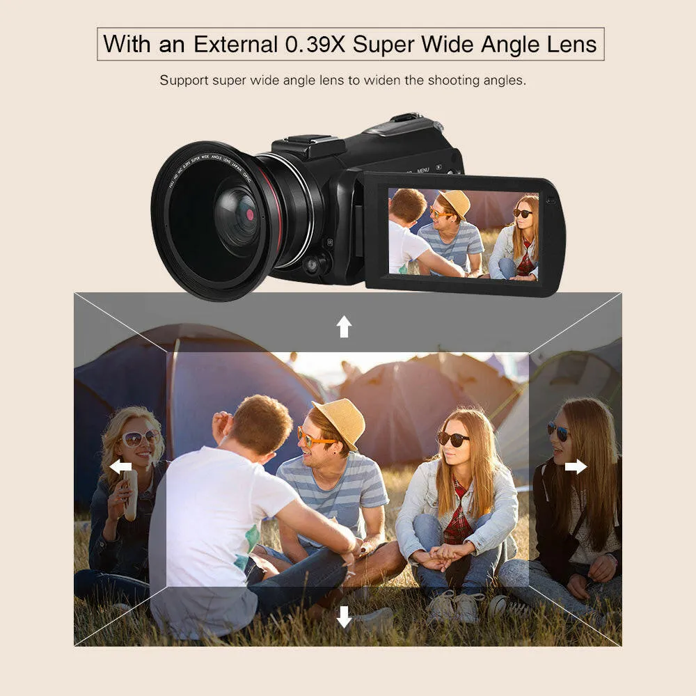 ORDRO AC3 4K WiFi Digital Video Camera Camcorder DV Recorder 30MP 30X Zoom IR Night Vision 3.0Inch IPS LCD Touchscreen with 2pcs Rechargeable Batteries   Extra 0.39X Wide Angle Lens   External Microphone   Lens Hood