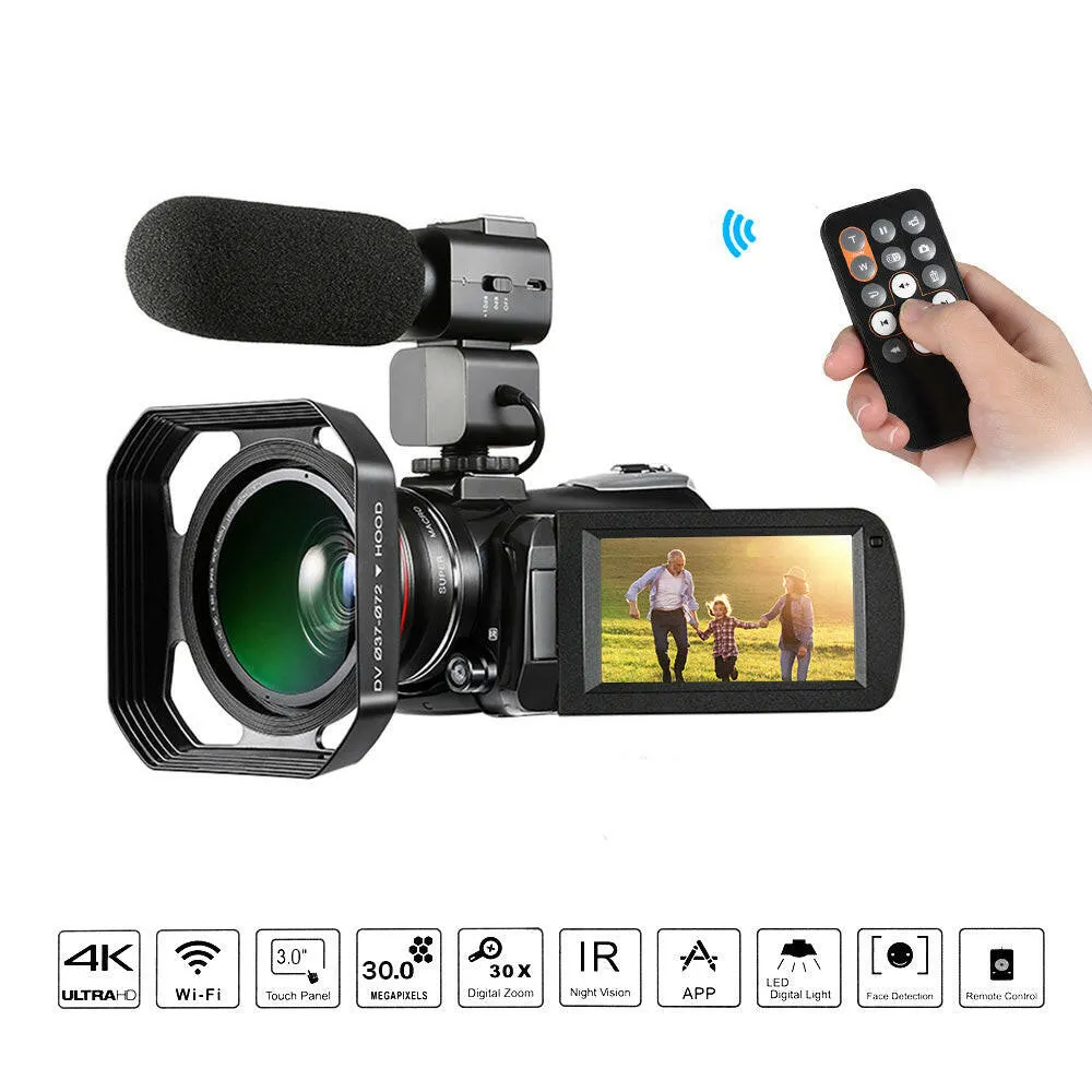 ORDRO AC3 4K WiFi Digital Video Camera Camcorder DV Recorder 30MP 30X Zoom IR Night Vision 3.0Inch IPS LCD Touchscreen with 2pcs Rechargeable Batteries   Extra 0.39X Wide Angle Lens   External Microphone   Lens Hood