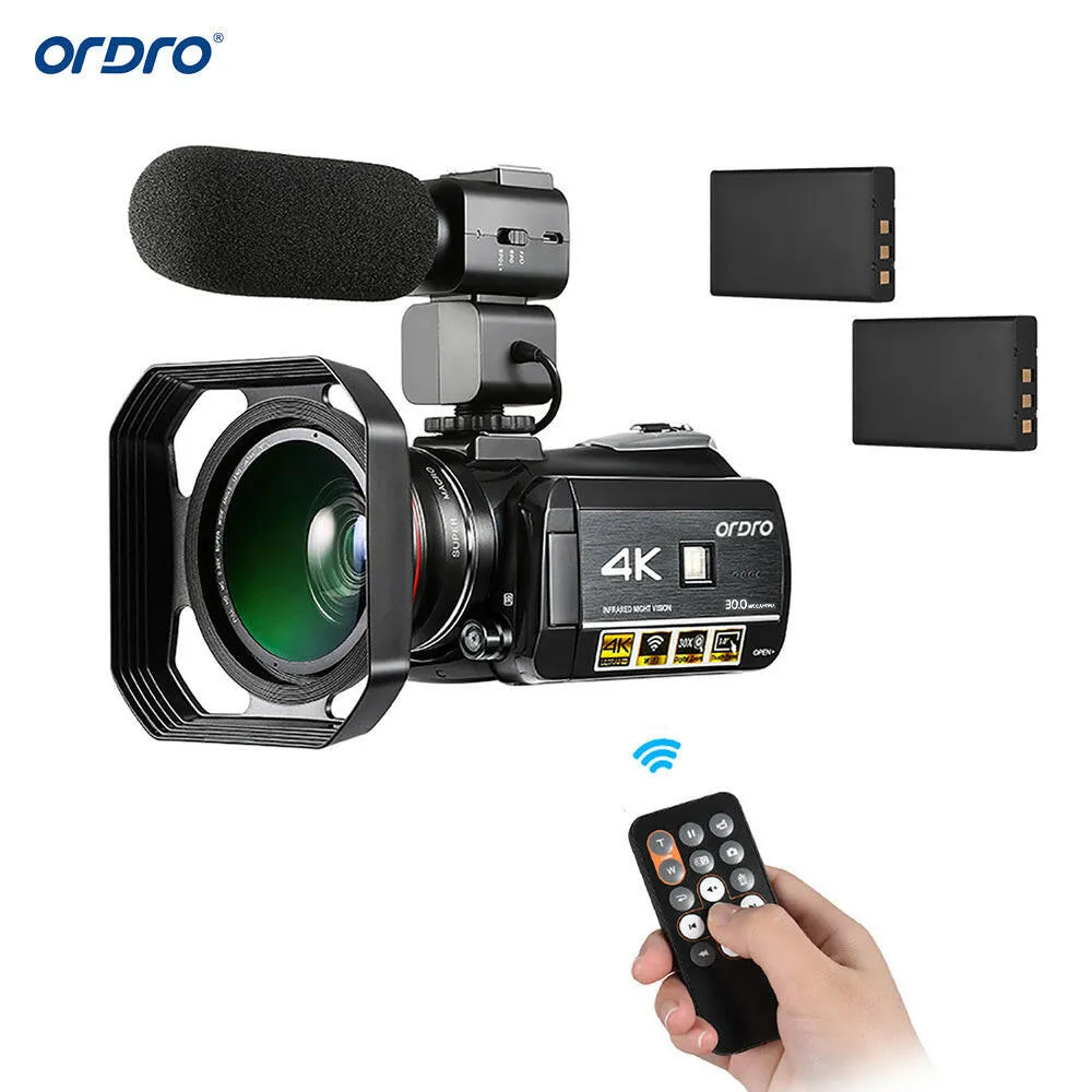 ORDRO AC3 4K WiFi Digital Video Camera Camcorder DV Recorder 30MP 30X Zoom IR Night Vision 3.0Inch IPS LCD Touchscreen with 2pcs Rechargeable Batteries   Extra 0.39X Wide Angle Lens   External Microphone   Lens Hood