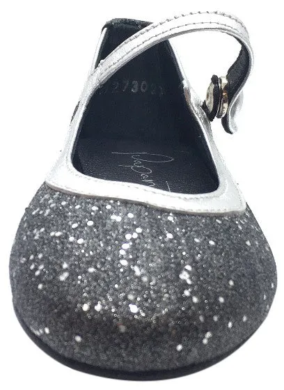 Papanatas by Eli Girl's Charcoal Grey Silver Trim Sparkle Mary Janes Button Flats