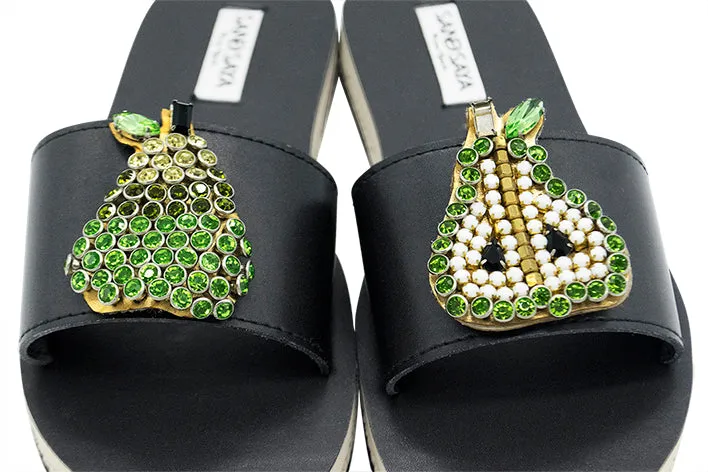 Pear- Green Crystal Fruits Embellished Waterproof Espadrille Flat for Women