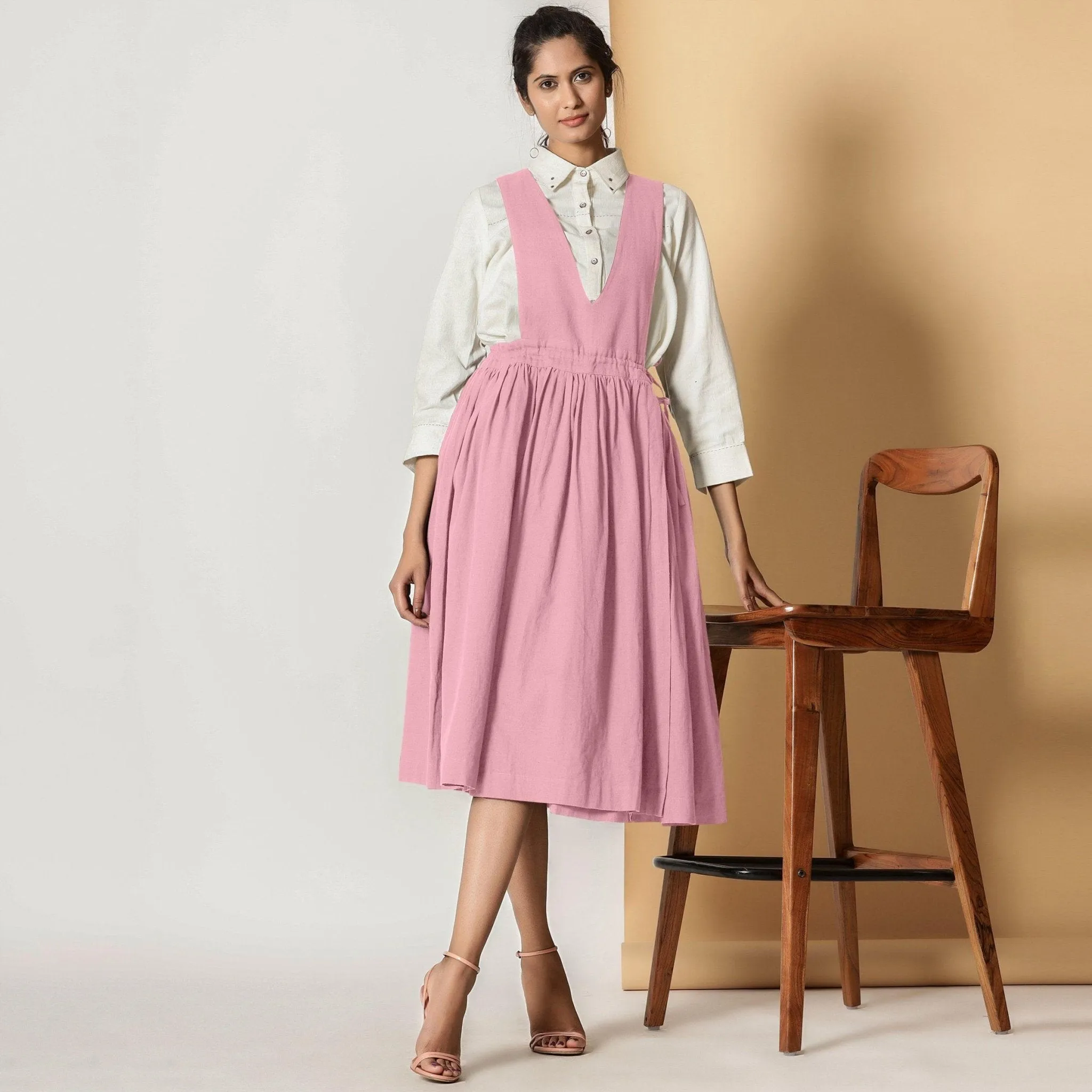 Powder Pink Cotton Flax Pinafore Midi Wrap Dress