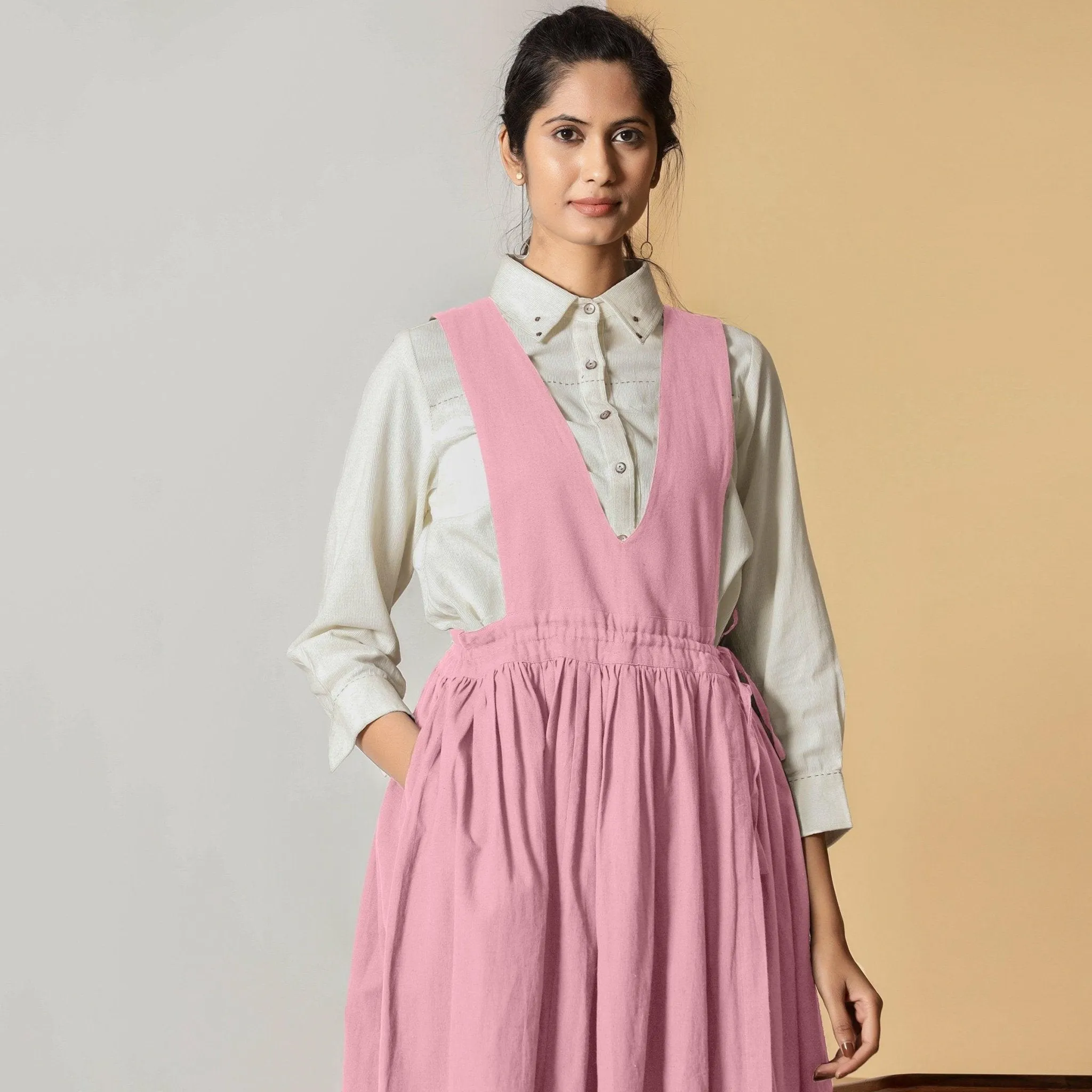 Powder Pink Cotton Flax Pinafore Midi Wrap Dress