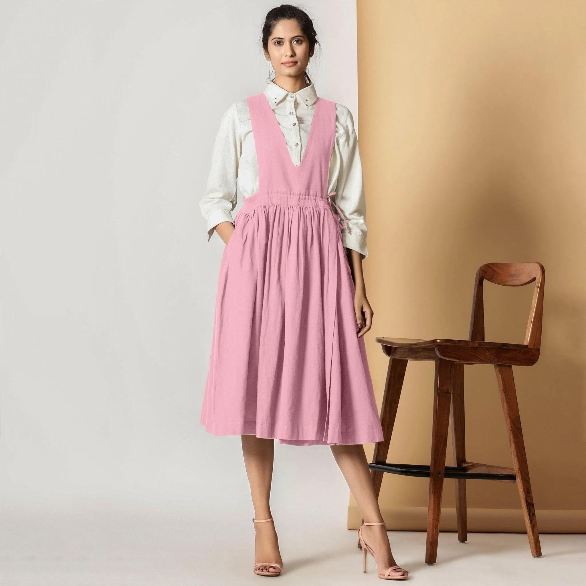 Powder Pink Cotton Flax Pinafore Midi Wrap Dress