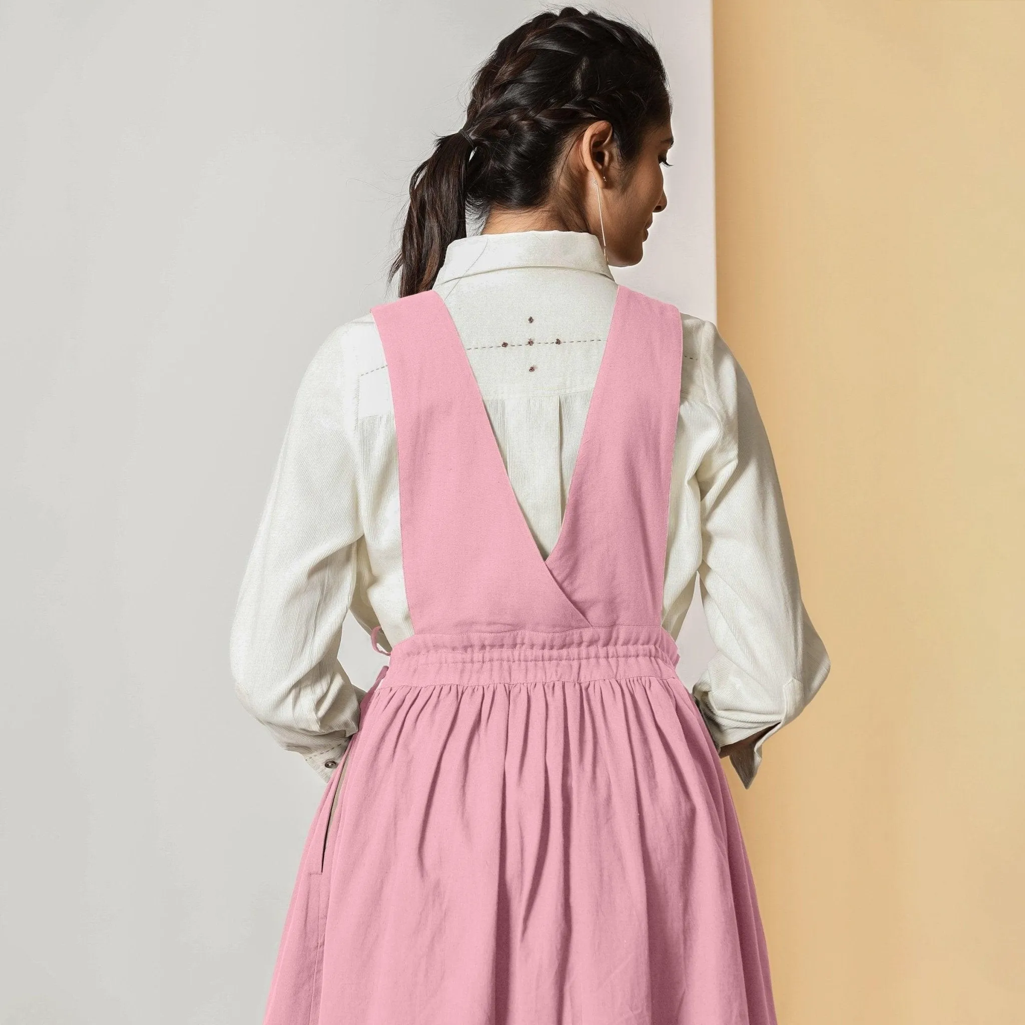 Powder Pink Cotton Flax Pinafore Midi Wrap Dress