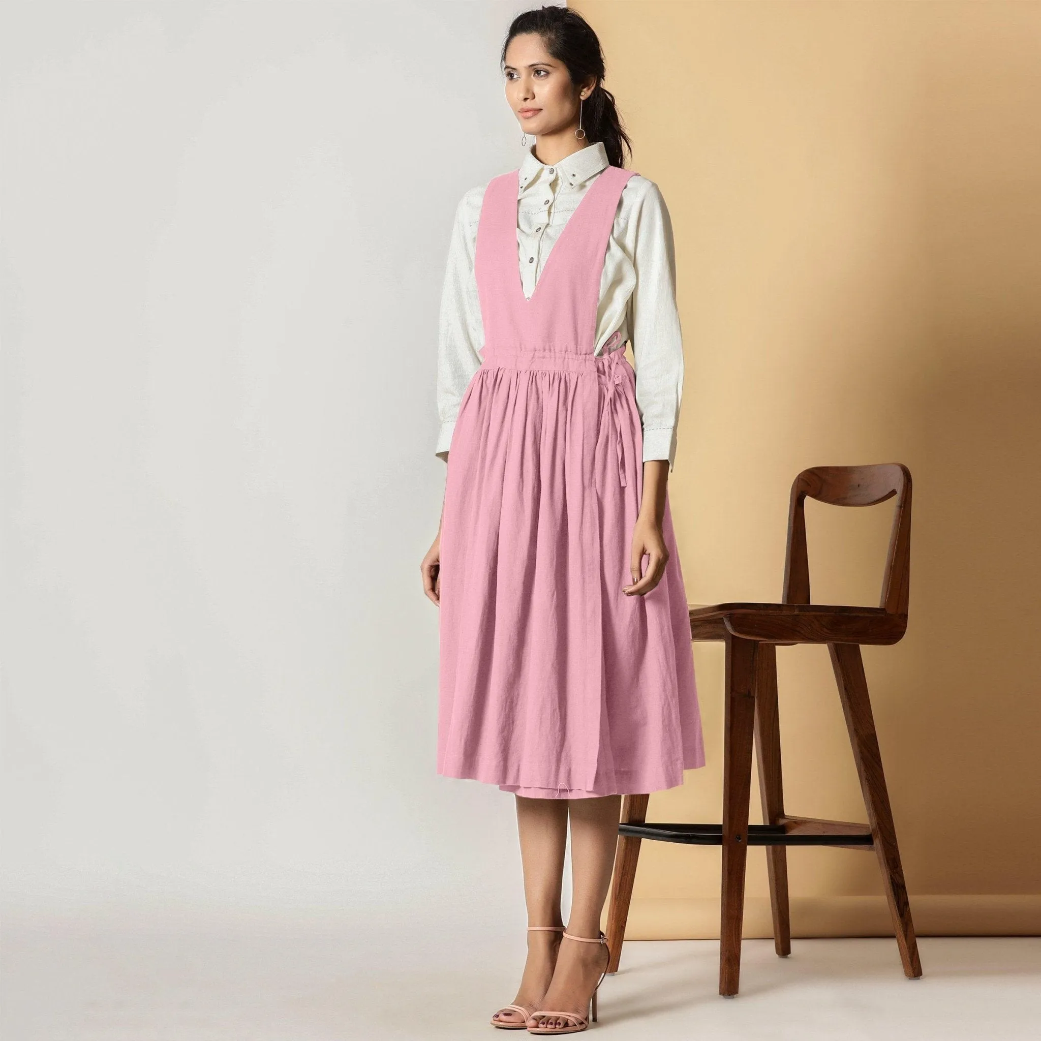 Powder Pink Cotton Flax Pinafore Midi Wrap Dress