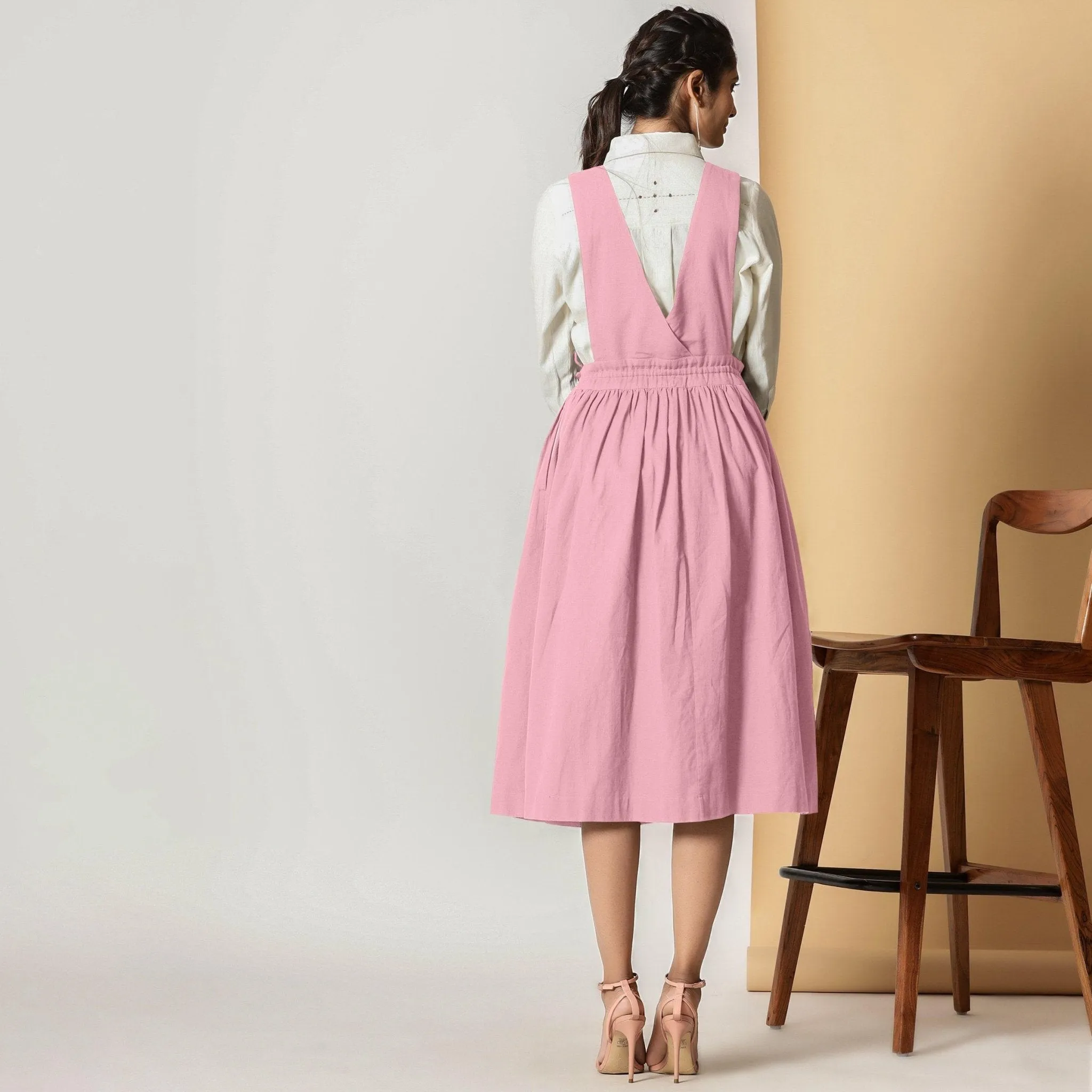 Powder Pink Cotton Flax Pinafore Midi Wrap Dress