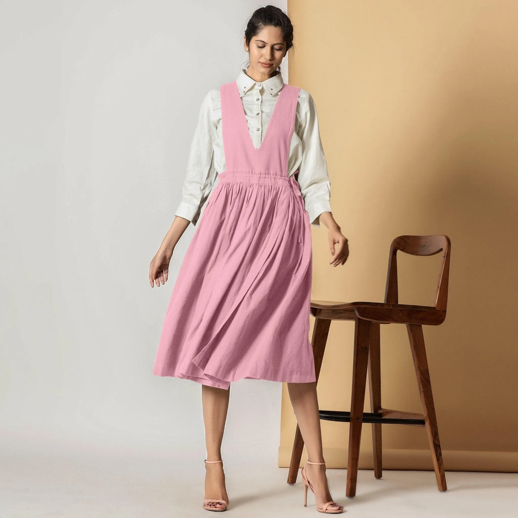 Powder Pink Cotton Flax Pinafore Midi Wrap Dress